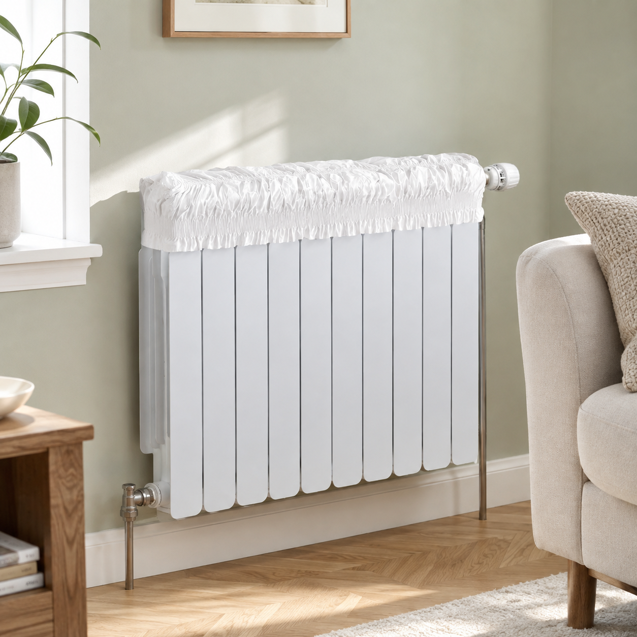 Copricalorifero bianco installato su termosifone in soggiorno