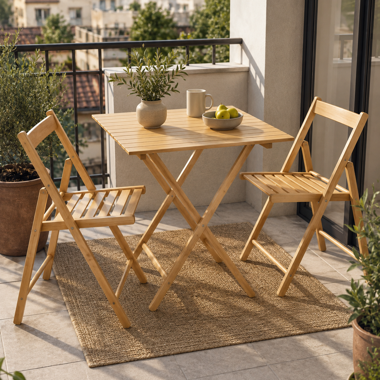 Tavolo pieghevole Holly in legno con sedie su terrazzo arredato