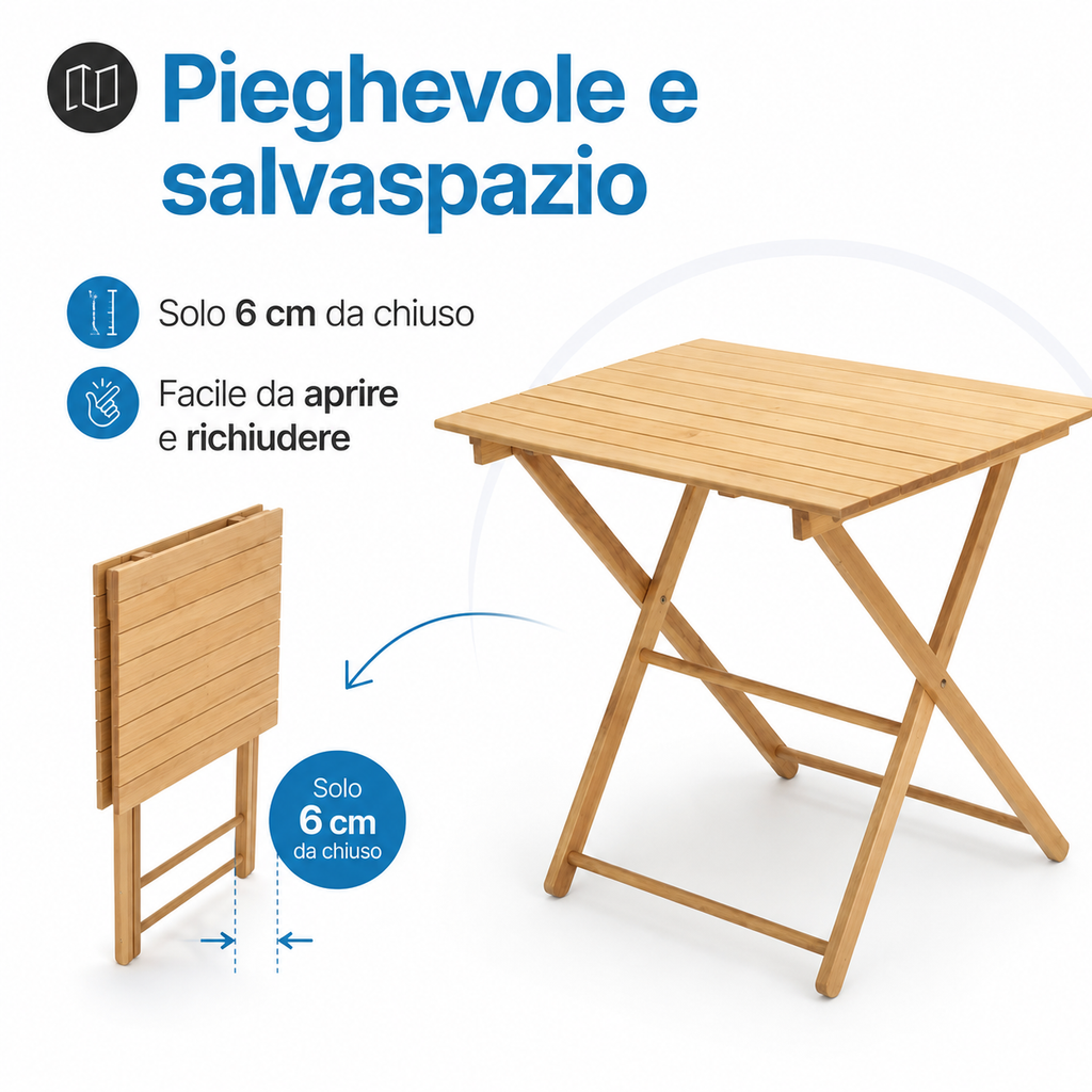 Tavolo pieghevole salvaspazio Holly aperto e chiuso con ingombro ridotto