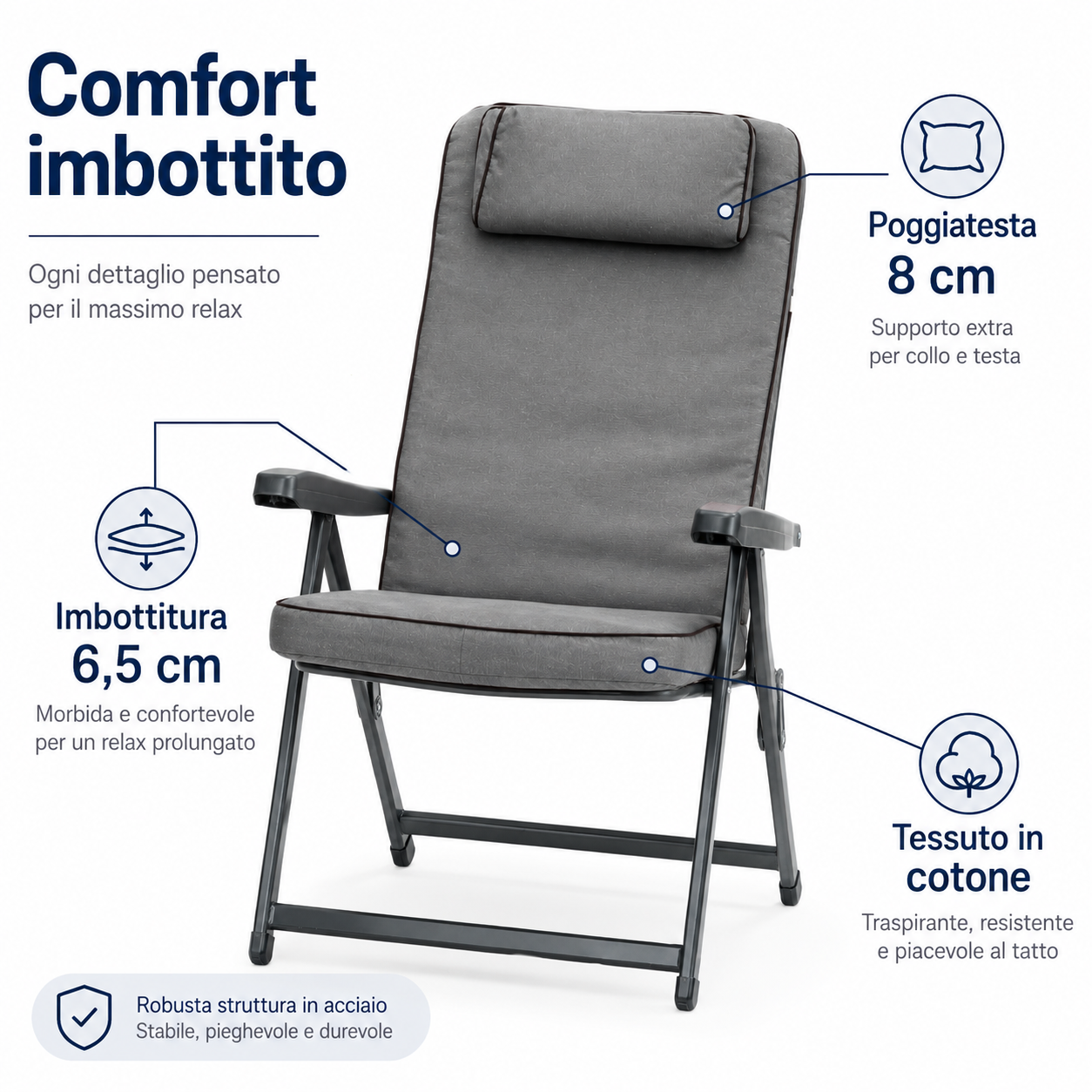 Sdraio Paradiso con imbottitura 6,5 cm, poggiatesta 8 cm e tessuto in cotone