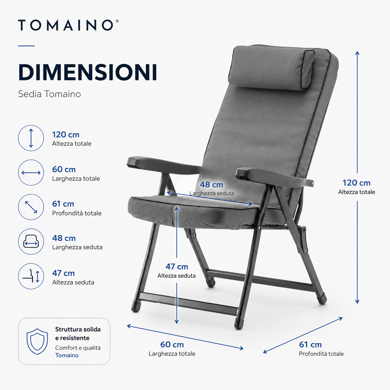 Dimensioni Sdraio Paradiso 120 x 60 x 61 cm con seduta larga 48 cm