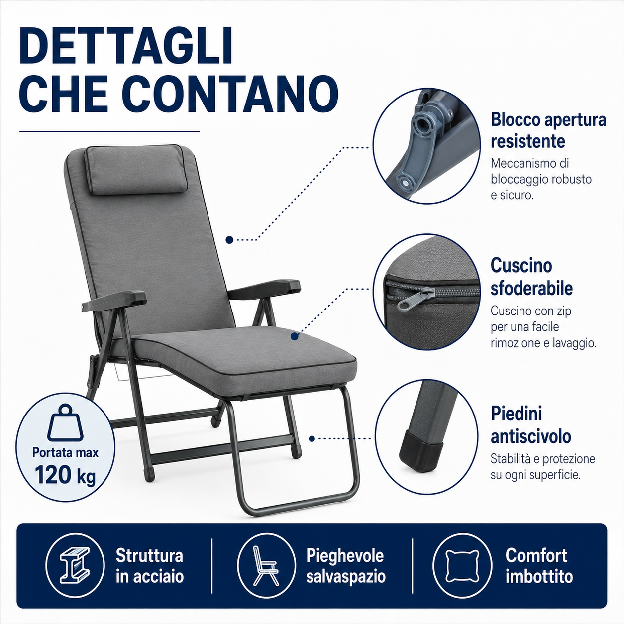 Sdraio Paradiso reclinabile in 5 posizioni con poggiapiedi integrato