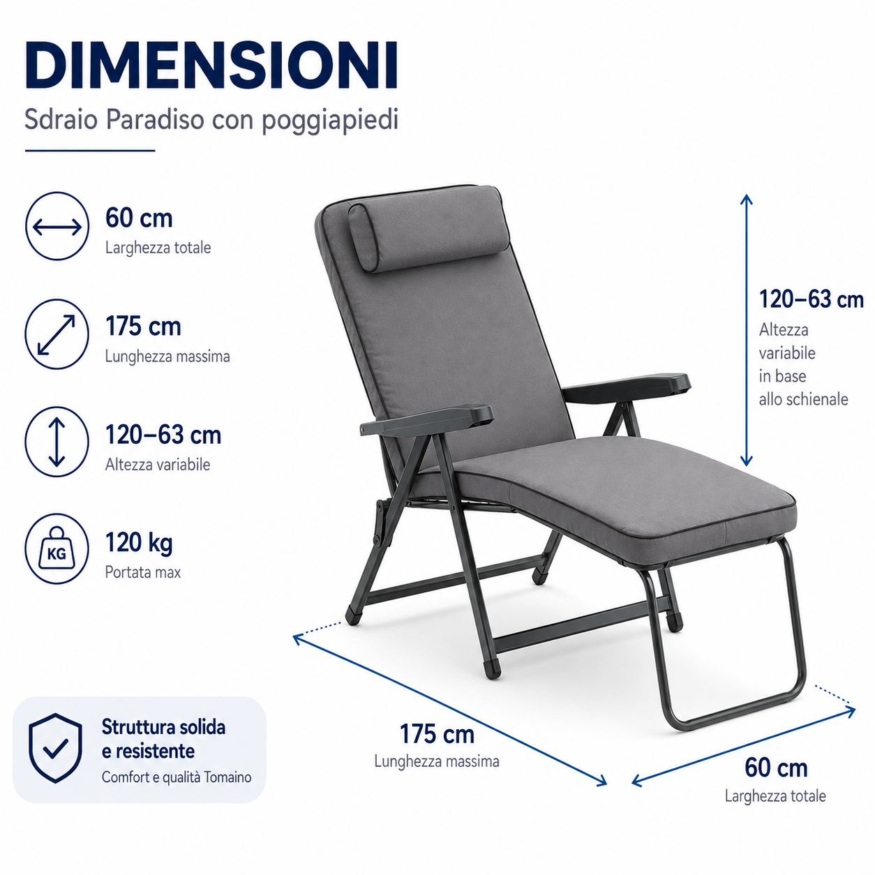 Dimensioni Sdraio Paradiso con poggiapiedi, larghezza 60 cm e lunghezza 175 cm