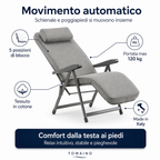 Infografica Sdraio Paradiso Automatica Tomaino con 5 posizioni reclinabili, da lettura a relax totale, con schienale e poggiapiedi sincronizzati.