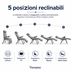 Infografica Sdraio Paradiso Automatica Tomaino con movimento automatico, 5 posizioni di blocco, portata 120 kg, tessuto in cotone e Made in Italy.