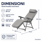 Infografica dimensioni Sdraio Paradiso Automatica Tomaino: larghezza 60 cm, lunghezza massima 170 cm, altezza variabile da 120 a 63 cm, portata 120 kg.
