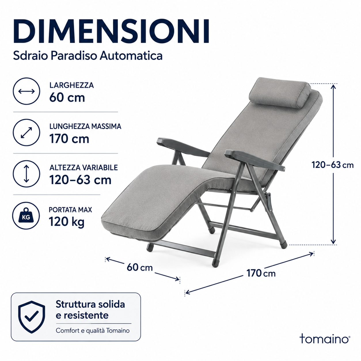Infografica dimensioni Sdraio Paradiso Automatica Tomaino: larghezza 60 cm, lunghezza massima 170 cm, altezza variabile da 120 a 63 cm, portata 120 kg.