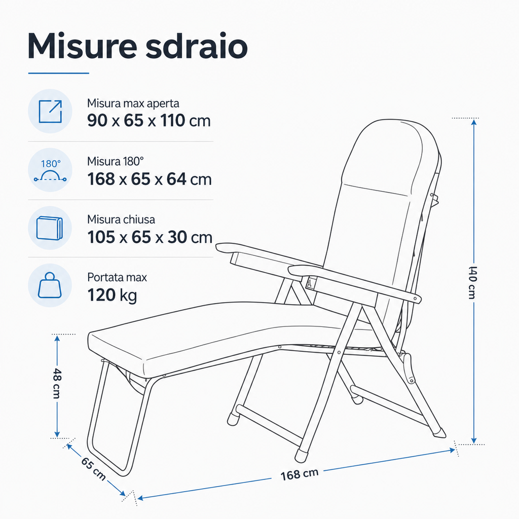 Misure della sdraio Barbara reclinabile con dimensioni aperta chiusa e portata massima 120 kg