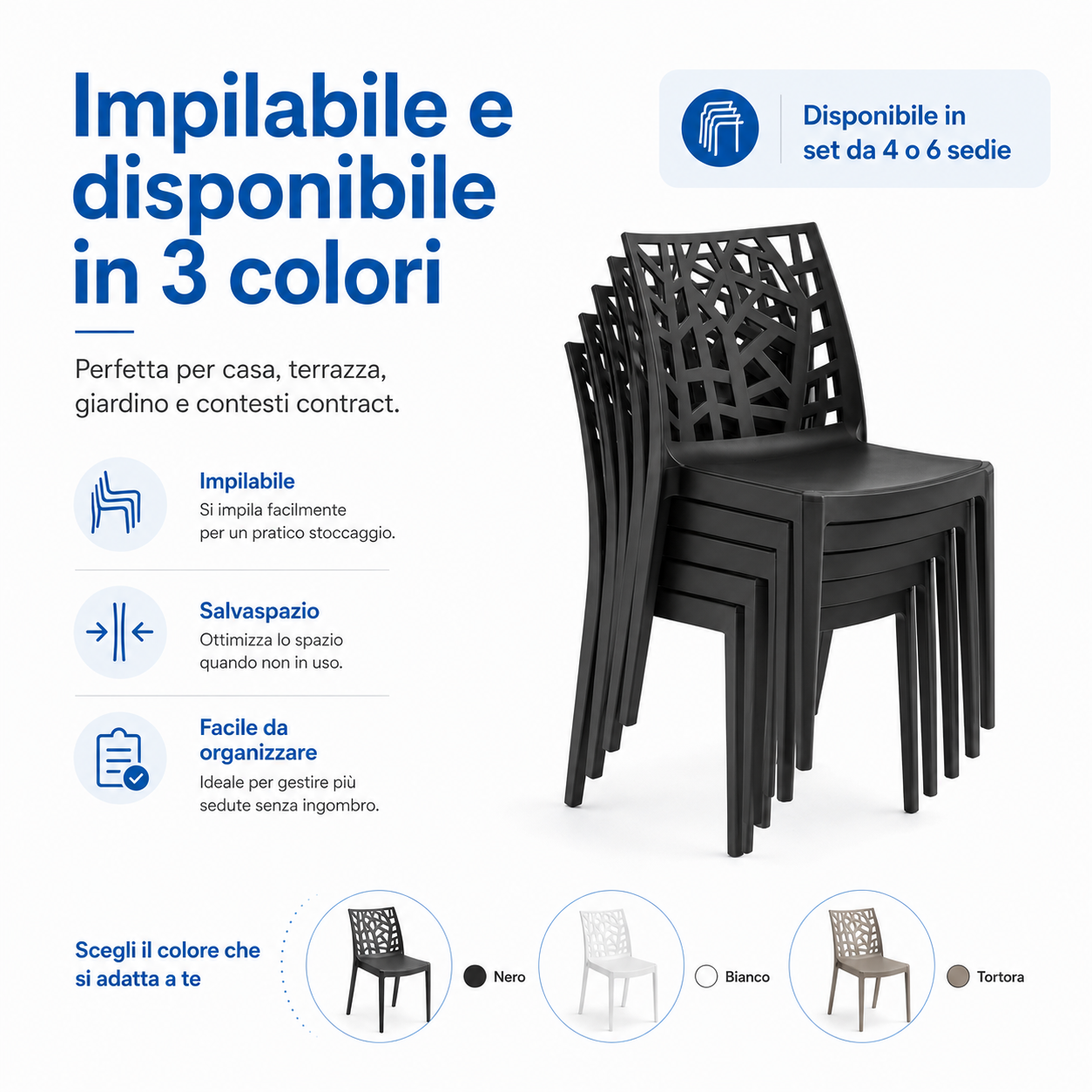 Sedia Matrix Impilabile in Polipropilene Rinforzato – Set 4 o 6