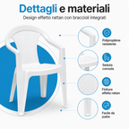 Dettagli e materiali della sedia Tressy Rattan con effetto rattan e braccioli.