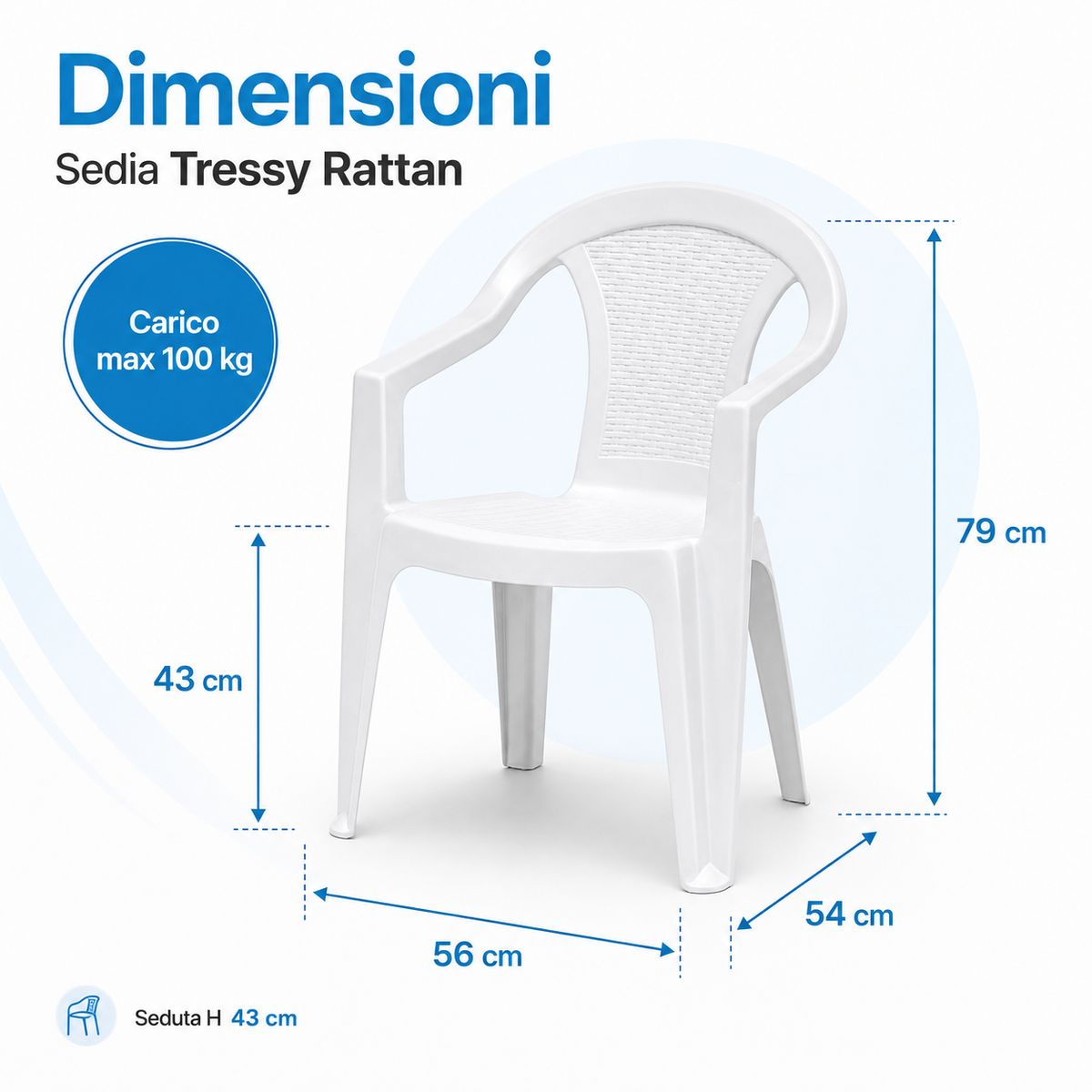 Dimensioni della sedia Tressy Rattan con altezza seduta e misure principali.
