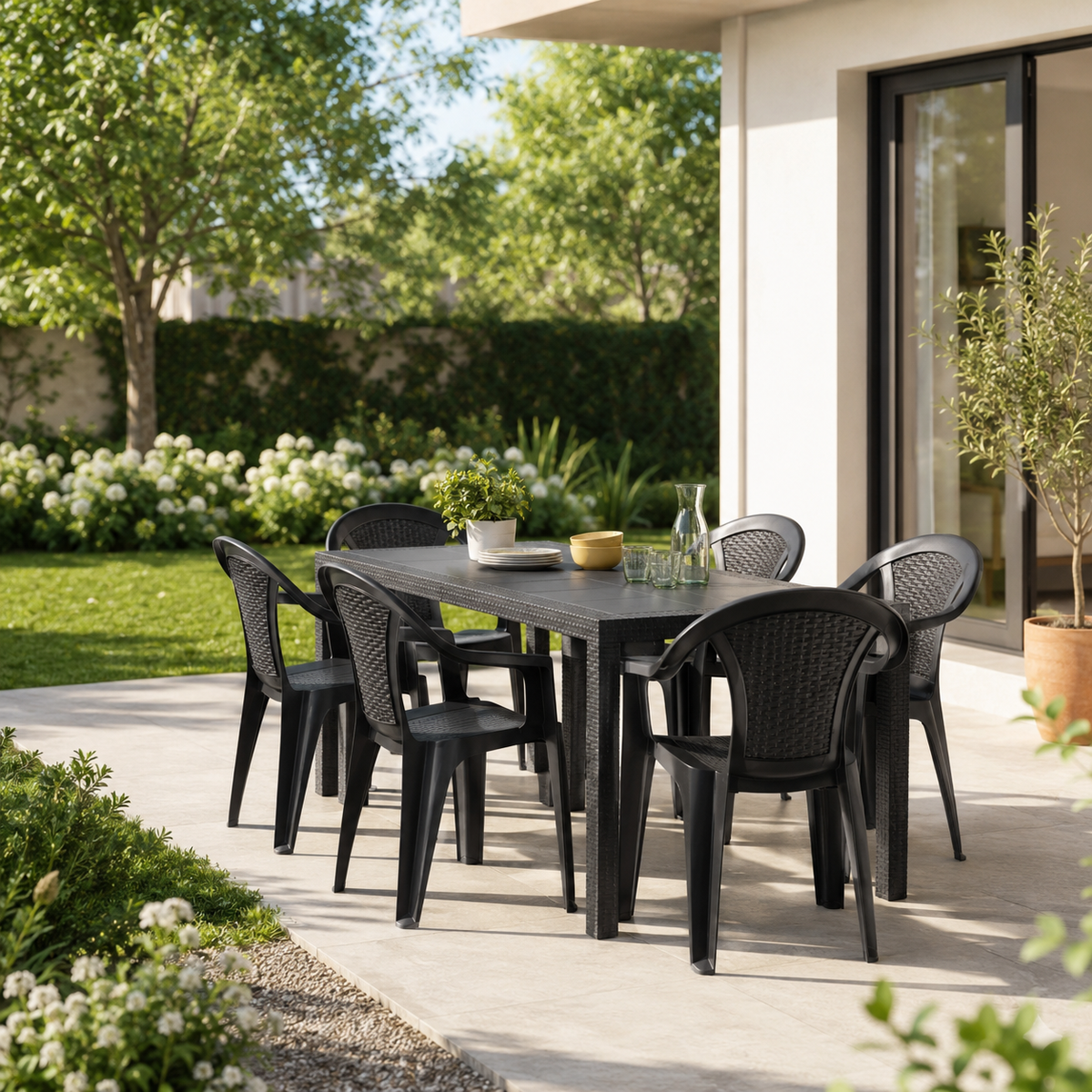Sedie Tressy Rattan nere ambientate attorno a un tavolo da giardino.