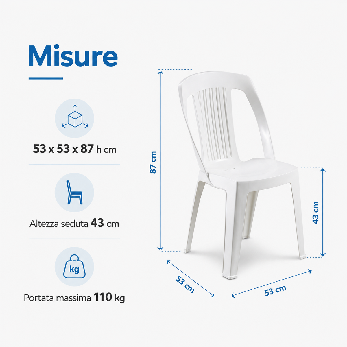 Misure sedia Raiatea in plastica bianca 53x53x87 cm