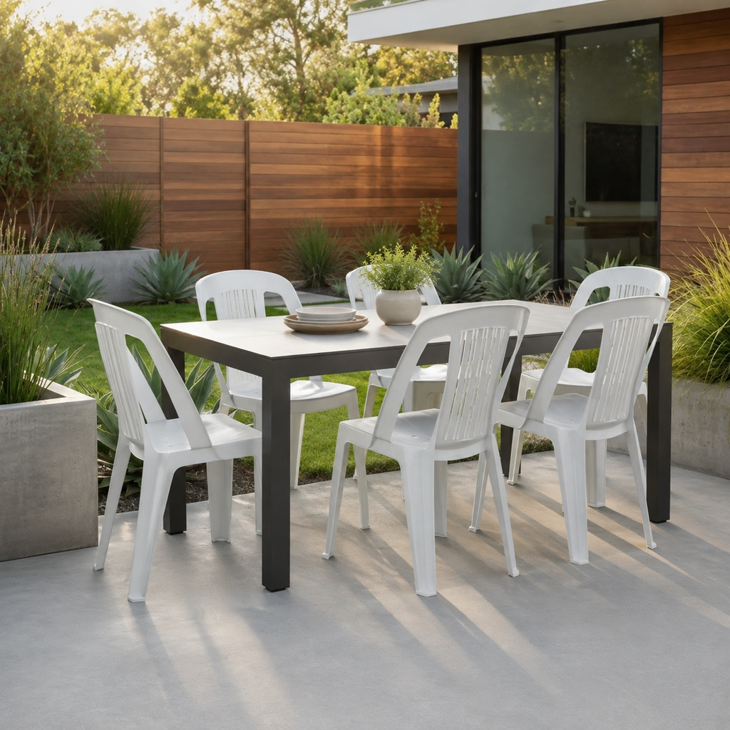Set tavolo con sedie Raiatea bianche in giardino moderno