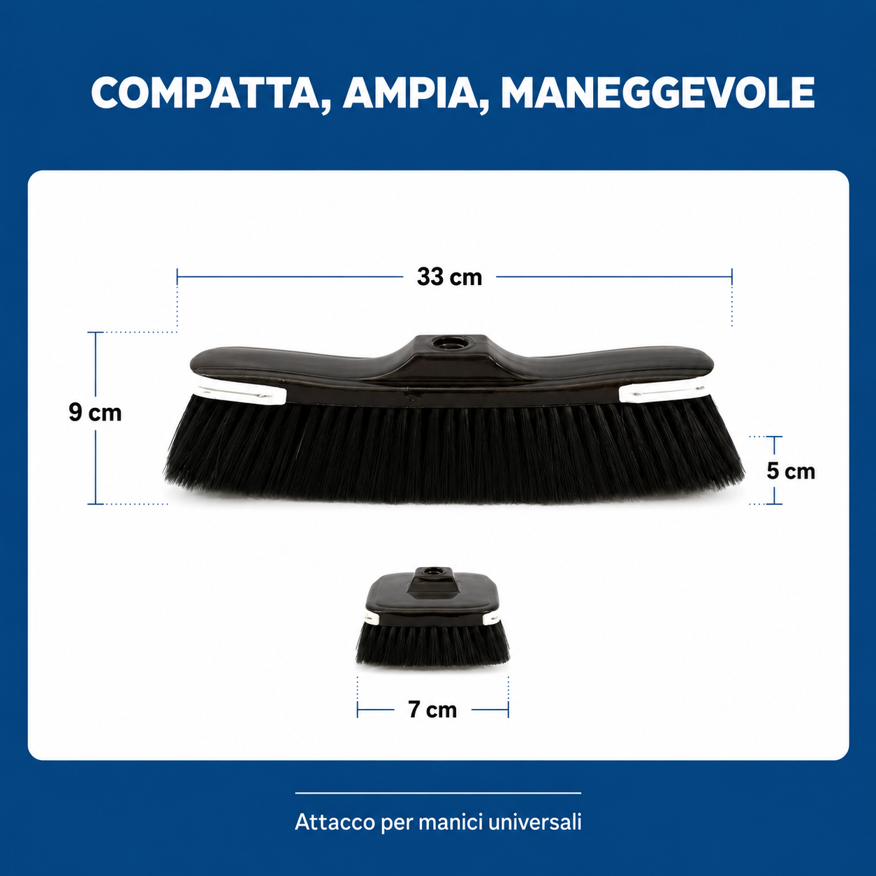 Dimensioni scopa Tomaino 33×7×9 cm con setole alte 5 cm