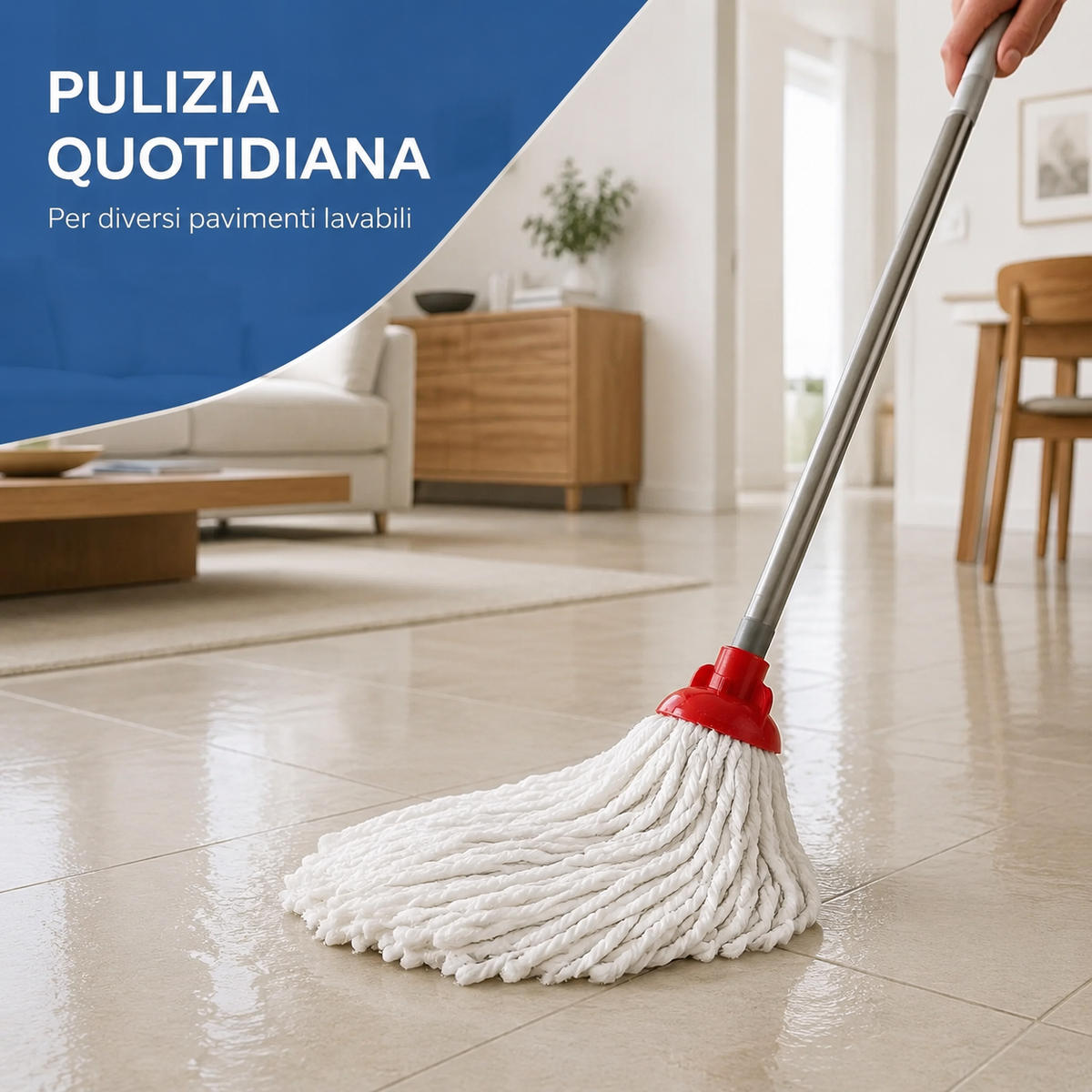 Moccio in cotone utilizzato per lavare un pavimento in piastrelle