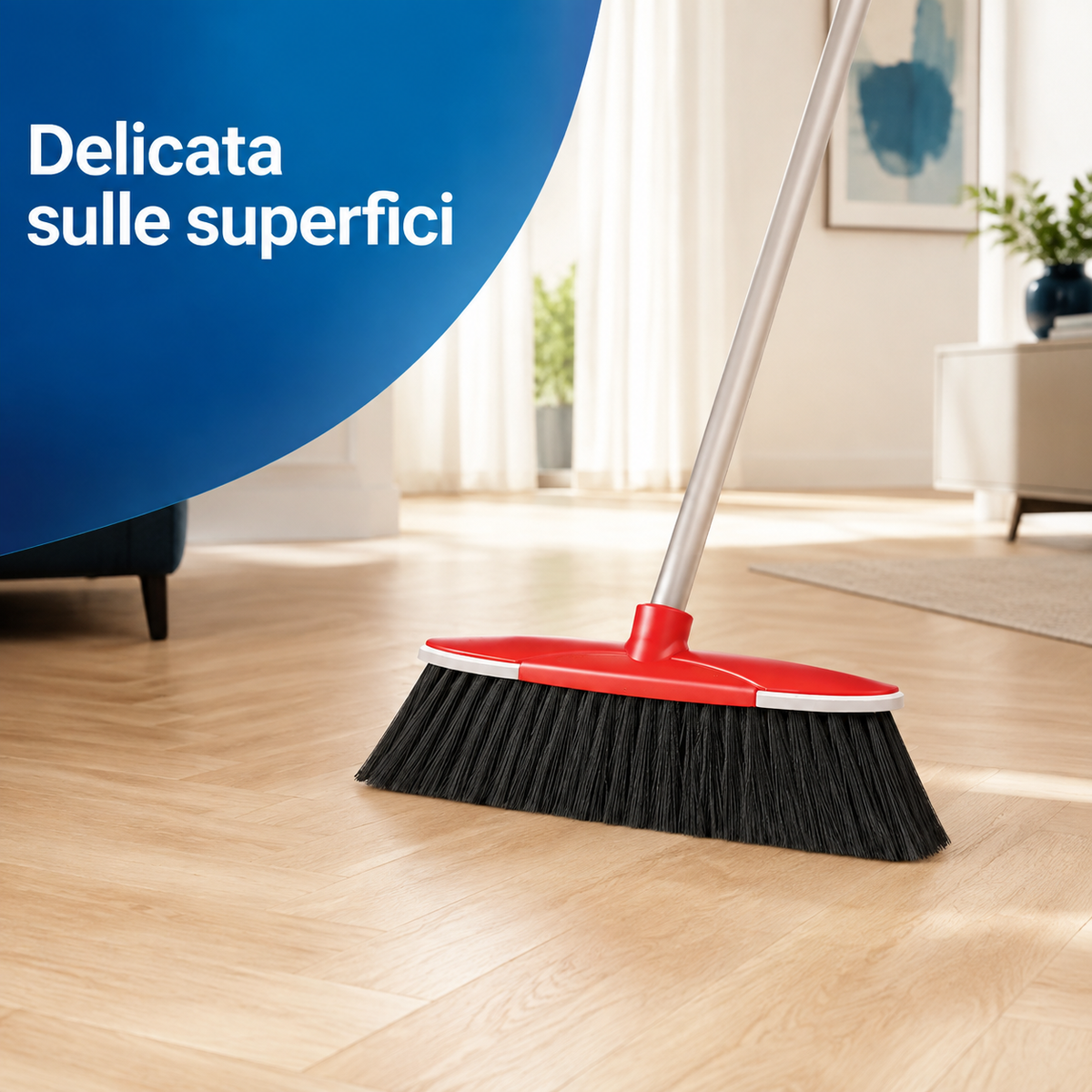 Scopa Clio con setole morbide utilizzata su pavimento in parquet