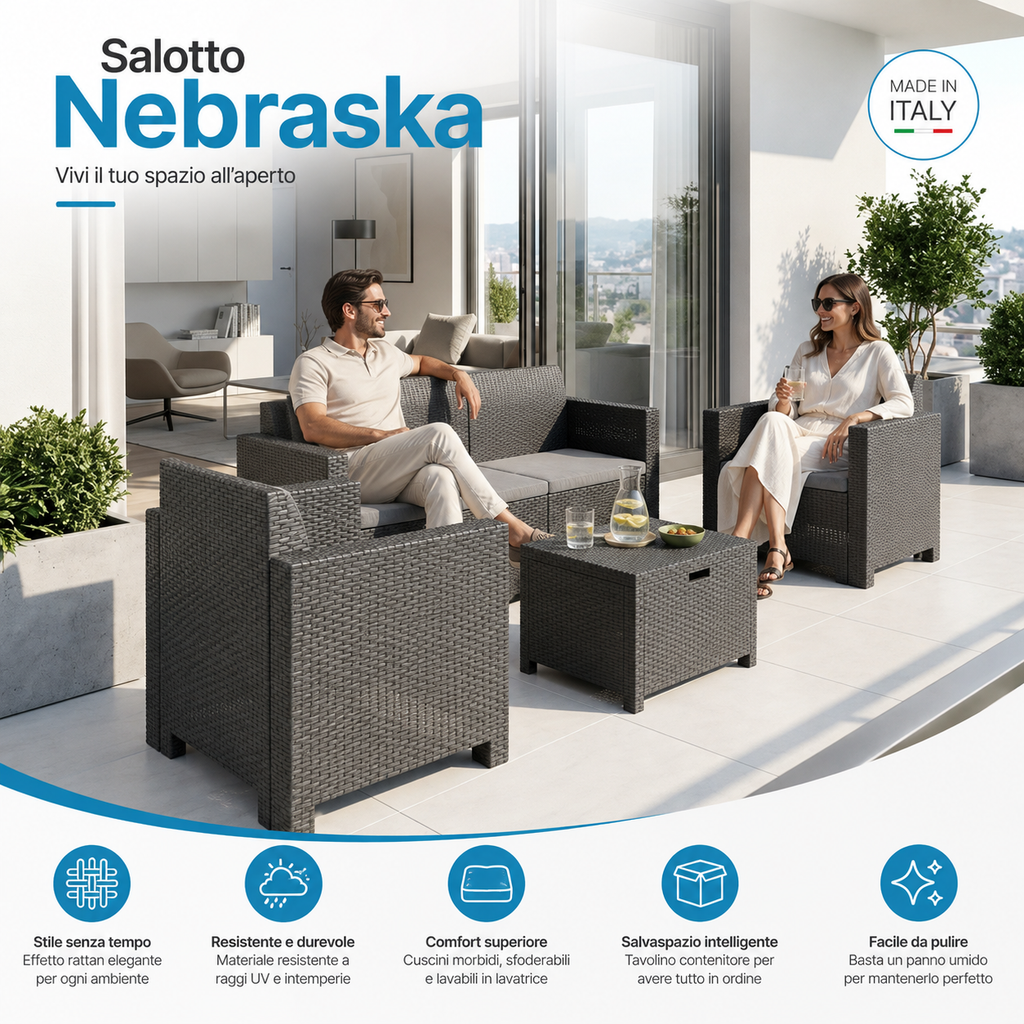 Salotto da Giardino 4 Posti Effetto Rattan con Cuscini – Nebraska