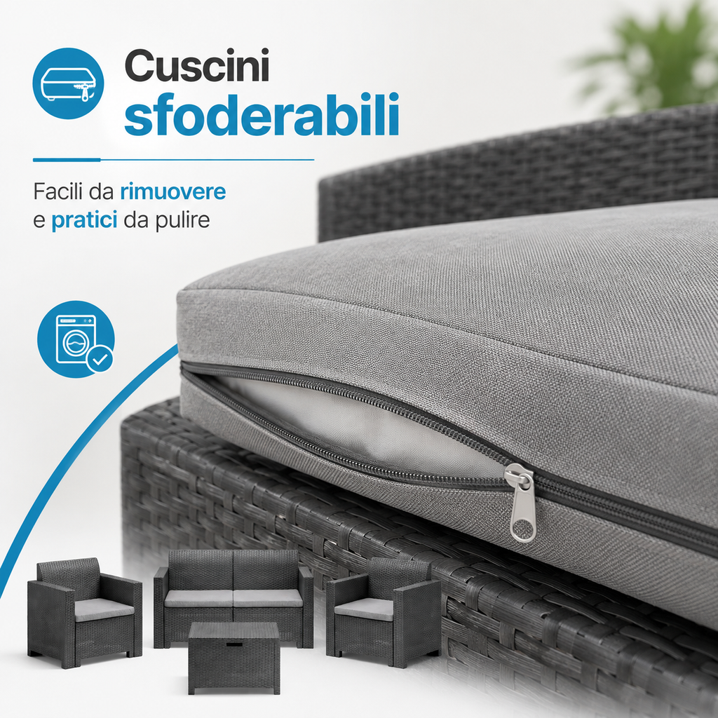 Salotto da Giardino 4 Posti Effetto Rattan con Cuscini – Nebraska