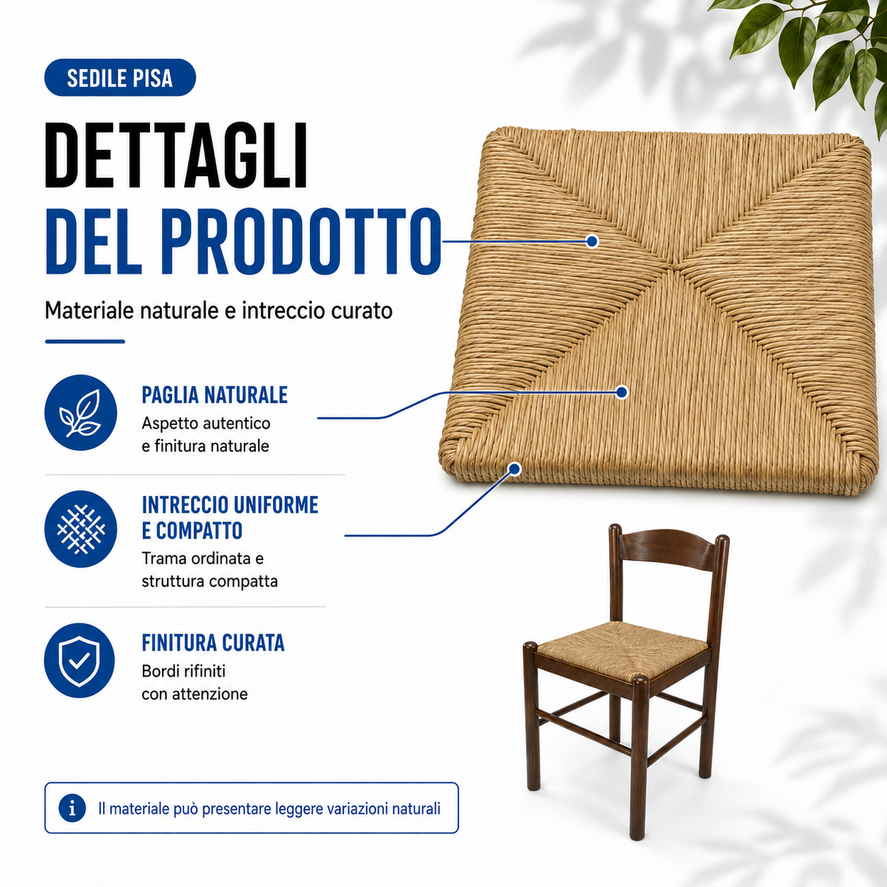 Assise de rechange pour chaise modèle Pise, en paille 37×37 cm