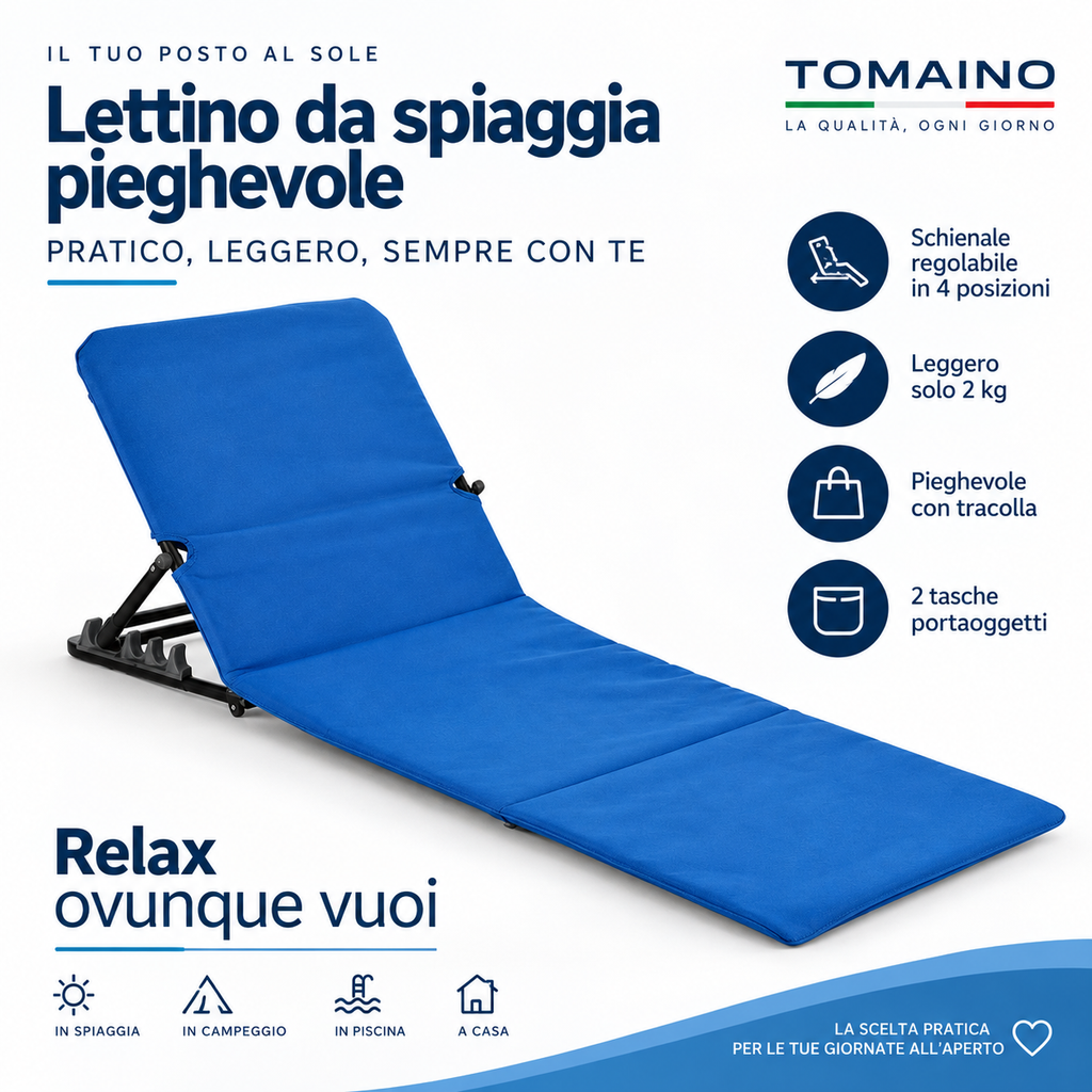 Lettino da Spiaggia Pieghevole con Schienale Regolabile 4 Posizioni e Tracolla – Blu
