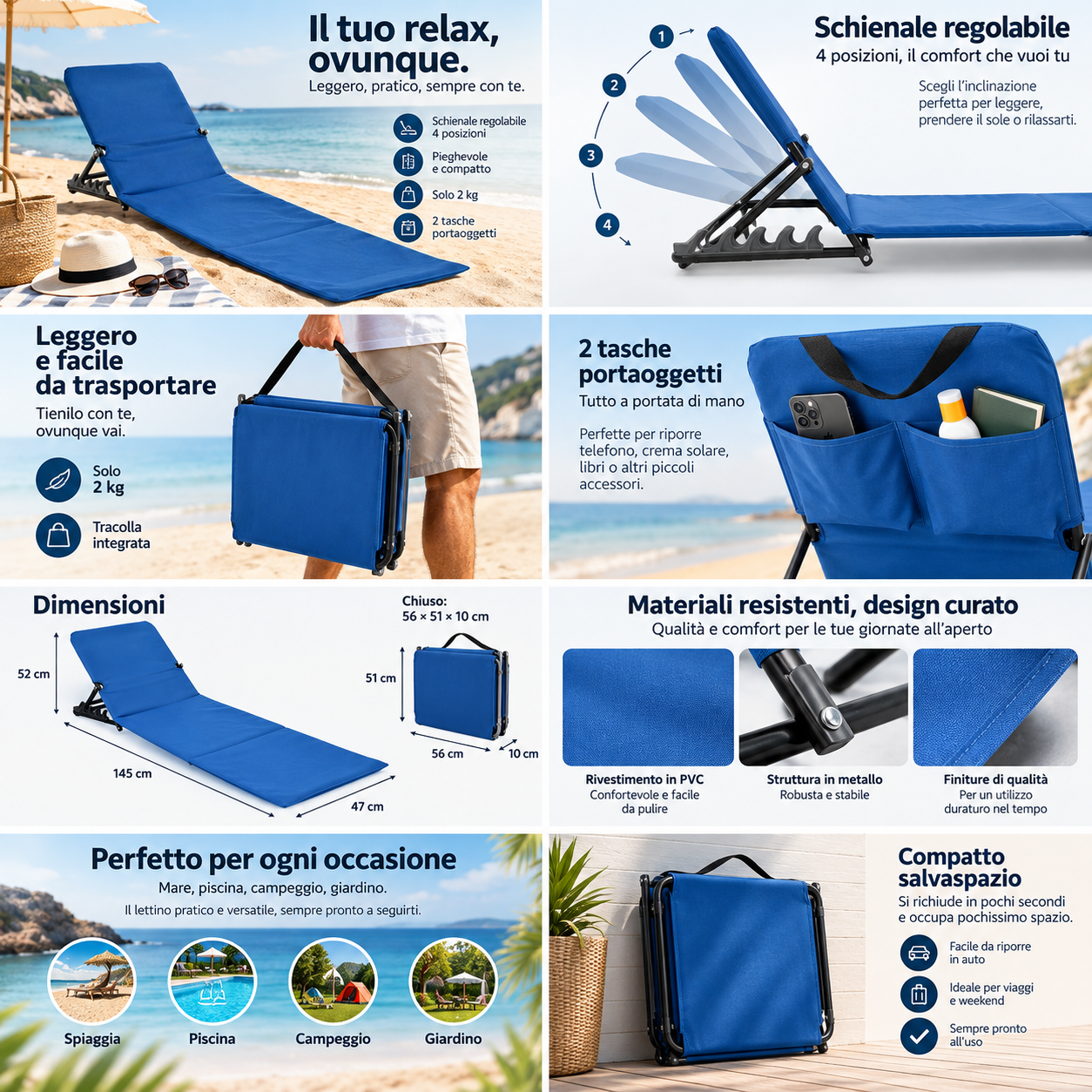 Lettino da Spiaggia Pieghevole con Schienale Regolabile 4 Posizioni e Tracolla – Blu