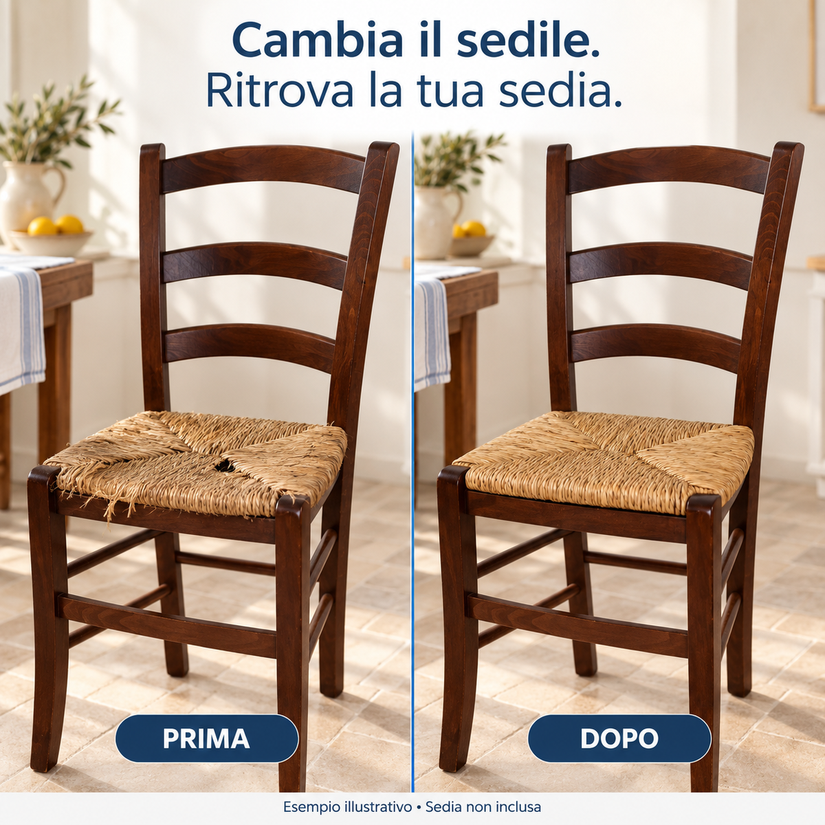 prima e dopo riparazione sedia sedile paglia