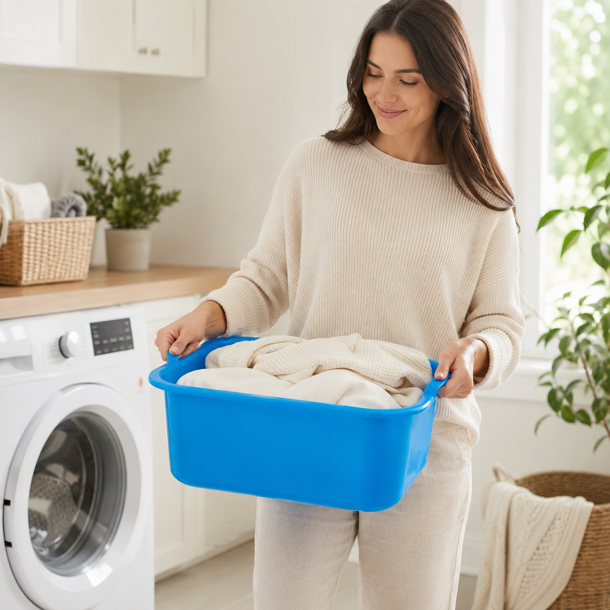 Ragazza trasporta bacinella in plastica blu con panni per il bucato