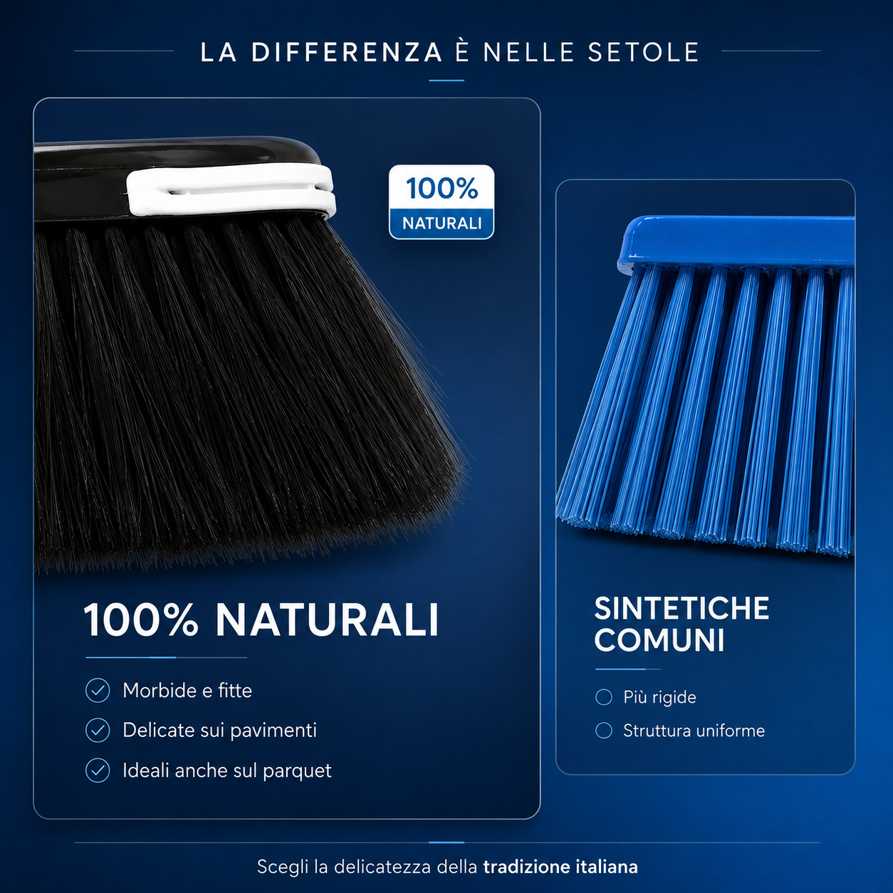 Confronto tra setole naturali morbide e comuni setole sintetiche