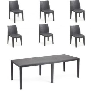 Tavolo e sedie da giardino in plastica effetto rattan, 1 tavolo 6 sedie, Tomaino