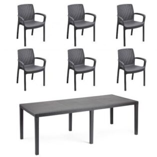 Tavolo e sedie da giardino in plastica effetto rattan, set da esterno,1 queen + 6 Regina, Tomaino