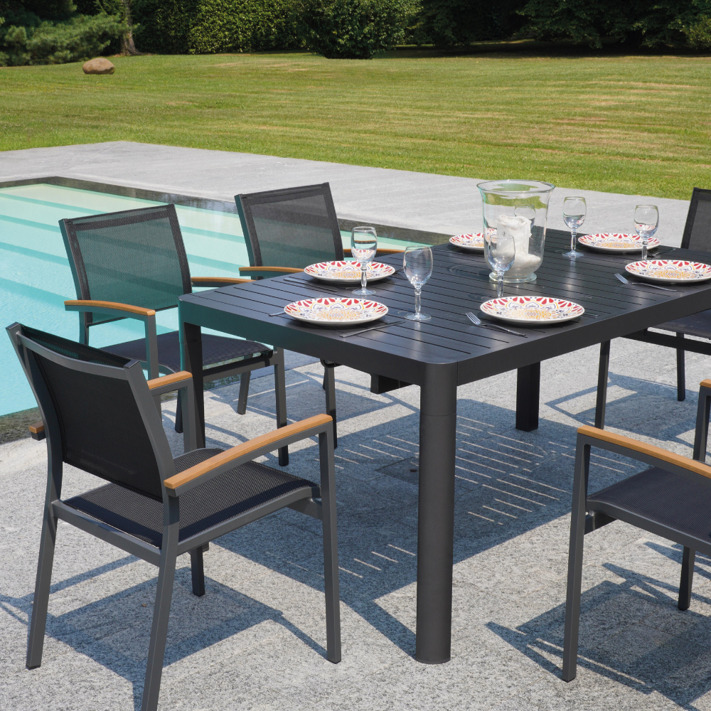 Tavolo da giardino con tavolo allungabile - modello: Odenton, colore:  Antracite/Grigio scuro - Grande tavolo in alluminio, dimensioni: 235/335cm  con prolunga e 10 sedute in textilene