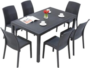 Tomaino - Set Tavolo e 6 Sedie Da Giardino In Plastica - Sedia e Tavolo Per Esterno Da Pranzo 6 Posti Rettangolare Effetto Rattan 150x90x74h cm (nero)