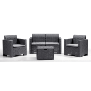 Salotto da giardino in plastica effetto rattan Nebraska Bica Tomaino Antracite con cuscini sfoderabili